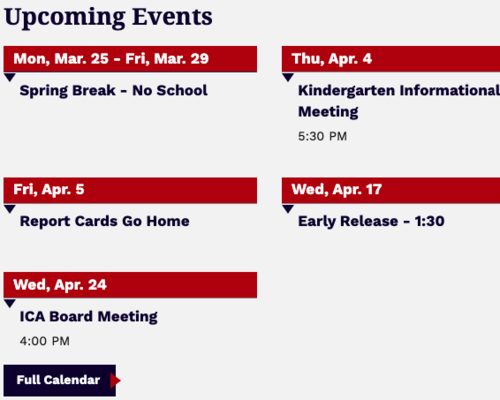Use Upcoming Events to display the next several district events in custom look tailored to your district.